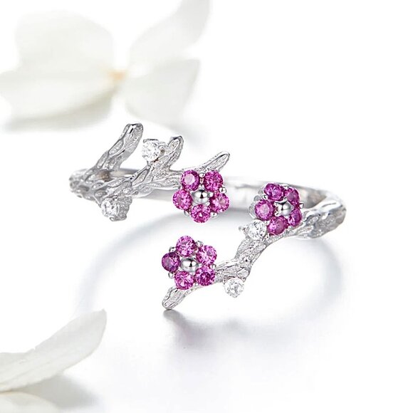 NWT Flower Ring S925 Sterling Silver Pink CZ Cherry Blossom Open Adjustable - Picture 3 of 7